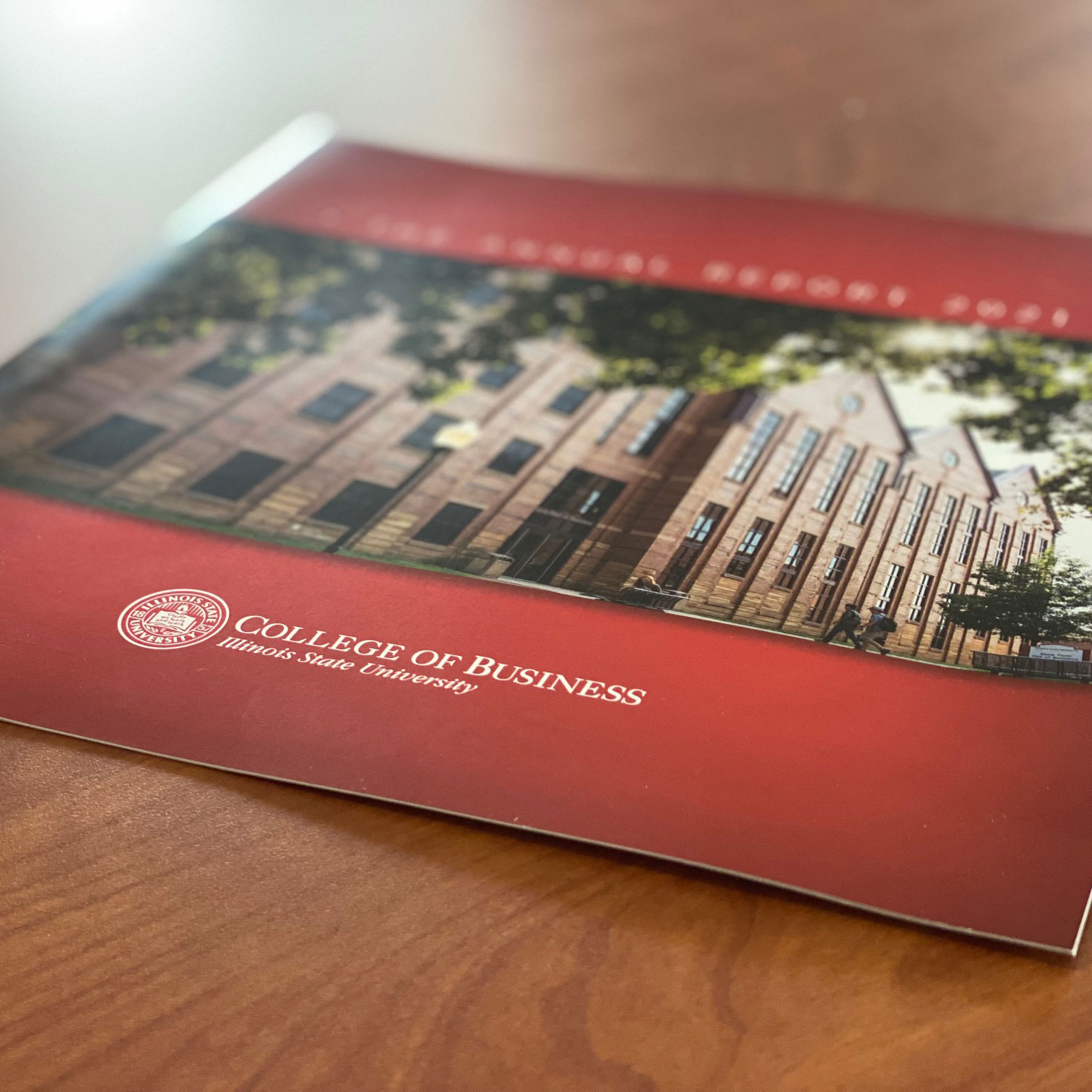 Annual report folder on a table.