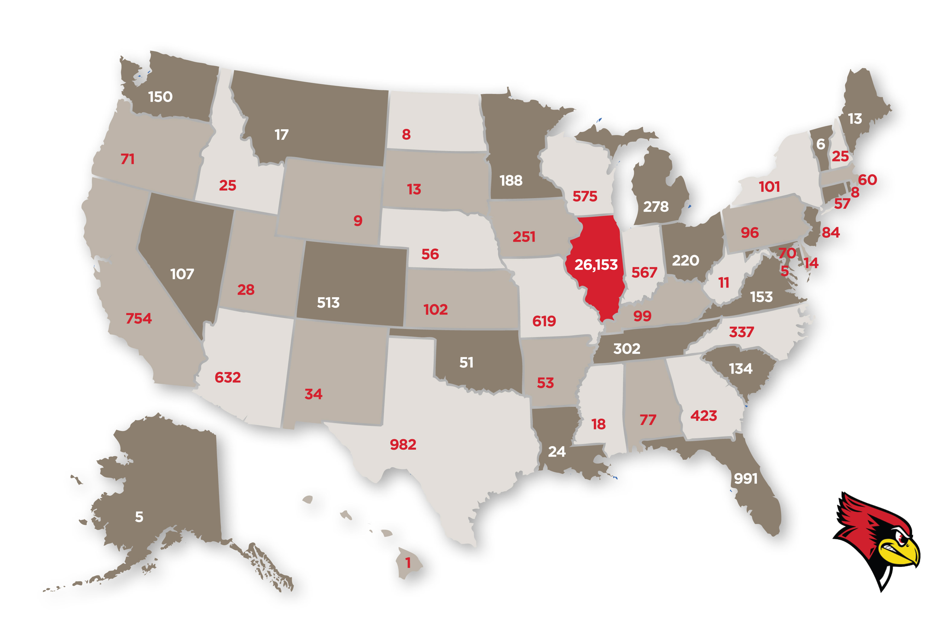 Map of the US with the number of Alums on each state